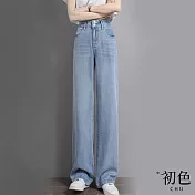 【初色】夏季高腰涼感直筒闊腿牛仔褲-共2色-69346(M-XL可選) M 淺藍單扣