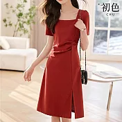 【初色】純色方領短袖褶皺收腰開衩連身裙洋裝長洋裝-紅色-33446(M-2XL可選) 2XL 紅色
