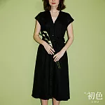 【初色】棉麻風V領單排扣收腰顯瘦短袖連身裙洋裝-共2色-33423(M-XL可選) M 黑色