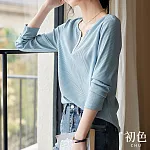 【初色】日系氣質條紋針織V領拼接顯瘦長袖上衣女上衣-灰藍色-33555(M-2XL可選) L 灰藍色