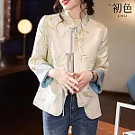 【初色】復古風植物花卉印花中國結單排釦立領長袖襯衫外套女外套-米色-33547(M-2XL可選) M 米色
