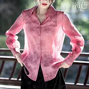 【初色】復古風輕薄文藝印花大尖領翻領長袖花襯衫上衣女上衣-粉紅色-33528(M-2XL可選) M 粉紅色