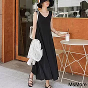 【MsMore】 莫代爾無袖大擺裙寬鬆背心V領長版連身裙洋裝# 121014 2XL 黑色