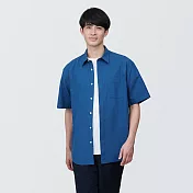 【MUJI 無印良品】男棉水洗平織布短袖襯衫 XXL 藍色