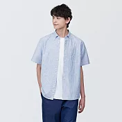 【MUJI 無印良品】男有機棉水洗牛津布扣領短袖襯衫 XL 藍直紋