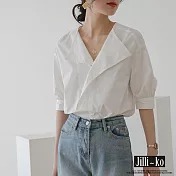【Jilli~ko】法式復古時尚寬鬆設計感白色V領短袖襯衫女 J11813 FREE 白色