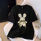 【MsMore】 新中式國風兔子刺繡純棉大碼圓領短袖T恤短版上衣# 121602 S 黑色