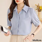 【MsMore】 雪紡襯衫設計感法式上衣寬鬆慵懶風短袖短版# 121847 M 藍色