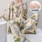 【AnZa】棉綢圓領五分袖上衣長褲套裝 FREE 山水綠