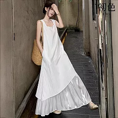 【初色】法式方領A字裙純色無袖雙層中長連衣裙連身洋裝-共2色-14746(M-XL可選) M 白色