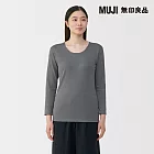 【MUJI 無印良品】女棉保暖厚織U領八分袖T恤 S 灰白