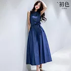 【初色】法式氣質收腰蝴蝶結純色圓領排釦無袖連衣裙連身洋裝長裙-深藍色-16102(F可選) F 深藍色