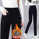 【初色】休閒簡約口袋鈕扣加絨高腰鬆緊腰收牛仔褲窄褲九分褲長褲-共2款-16039(M-5XL可選) M 黑灰色九分褲