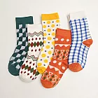 【AnZa】幾何格紋男女休閒襪短襪(5入組) 圖片色