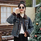 【MsMore】 牛仔外套加絨加厚短款小個拼接羊羔毛# 126864 M 咖色