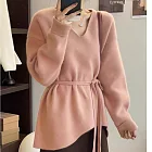 【MsMore】 不規則V領浣熊絨毛衣針織衫繫帶上衣# 126884 FREE 玫紅色