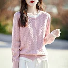 【MsMore】 圓領拼色假兩件麻花毛衣針織上衣# 126917 FREE 玫紅色