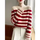 【MsMore】 半高領條紋加厚針織寬鬆羊絨感毛衣# 126918 FREE 紅色