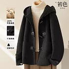 【初色】韓版純色顯瘦長袖牛角排釦毛呢連帽外套女外套-共3色-38660(M-3XL可選) M 黑色