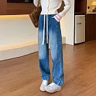 【MsMore】 加絨美式抽繩香蕉鐮刀褲腰頭拼色休閒牛仔褲# 126938 M 牛仔藍色