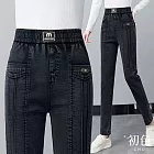 【初色】簡約高腰鬆緊腰雙口袋休閒褲牛仔褲窄管褲長褲-共2色-16027(M-6XL可選) M 黑灰色