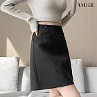 【AMIEE】設計款修身高腰毛呢A字半身裙(KDSQ-908) M 深灰