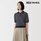 【MUJI 無印良品】女強撚鏤空編織POLO針織衫 S 深藍橫紋