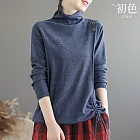 【初色】休閒簡約純色縮繩造型鈕扣針織高領長袖上衣女上衣-共5色-16756(F可選) F 藍灰色