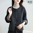 【初色】韓版簡約毛呢拼接格紋圓領長袖外套女外套-灰色-17552(M-XL可選) M 灰色