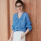 【MsMore】 法式藍色優雅長袖皺褶襯衫上衣# 127118 M 藍色