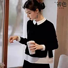 【初色】通勤風簡約撞色假兩件寬鬆翻領長袖襯衫上衣女上衣-黑色-17582(M-2XL可選) M 黑色