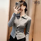 【初色】輕熟感純色修身翻領長袖單排釦針織上衣女上衣-灰色-17586(F可選) F 灰色