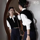 【初色】通勤風撞色翻領假兩件燈籠長袖短款寬鬆上衣女上衣-黑色-17576(F可選) F 黑色