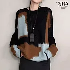 【初色】日系文藝休閒寬鬆撞色圓領長袖針織毛衣上衣女上衣-拼色-17579(F可選) F 拼色