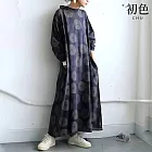 【初色】日系復古休閒寬鬆垂墜印花立領長袖連衣裙連身洋裝長裙-共2色-17613(F可選) F 紫色