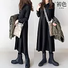 【初色】純色簡約圓領排扣長袖拼接壓褶寬鬆襯衫裙中長裙連衣裙連身洋裝長裙-共3色-17621(M/L可選) M 黑色