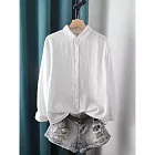 【ACheter】 復古小翻領純色棉麻百搭襯衫長袖上衣# 127135 M 白色