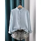 【ACheter】 復古小翻領純色棉麻百搭襯衫長袖上衣# 127135 M 藍色