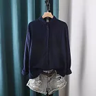 【ACheter】 復古小翻領純色棉麻百搭襯衫長袖上衣# 127135 M 藏青色