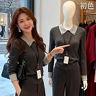 【初色】法式簡約風純色拼接撞色翻領長袖修身針織上衣女上衣-共2色-18629(F可選) F 灰色