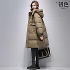 【初色】韓系純色保暖加厚中長款過膝拉鍊連帽長袖棉服外套女外套-共3色-18512(M-3XL可選) M 卡其色