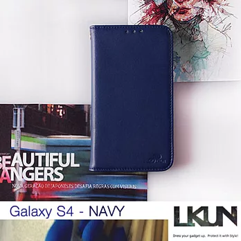 【韓國原裝潮牌 LKUN】Samsung Galaxy S4 i9500 專用保護皮套 100%高級牛皮皮套㊣ 簡約時尚輕風格&錢包完美結合 (深藍)