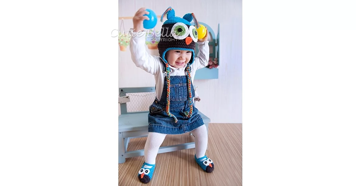 Cutie Bella手工編織嬰兒鞋帽組Owl-Aqua/Brown