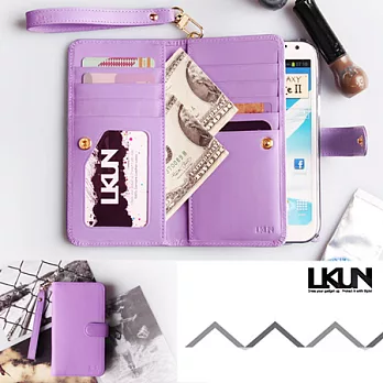 【韓國原裝潮牌 LKUN】Samsung Note2 N7100 專用保護皮套 100%高級牛皮皮套㊣ 多功能多用途手機皮套&錢包完美結合 (淺紫)