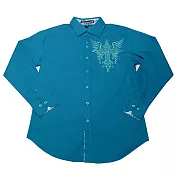 『摩達客』美國進口潮時尚設計【Victorious】翅膀十字圖騰刺繡藍綠色長袖襯衫A-S