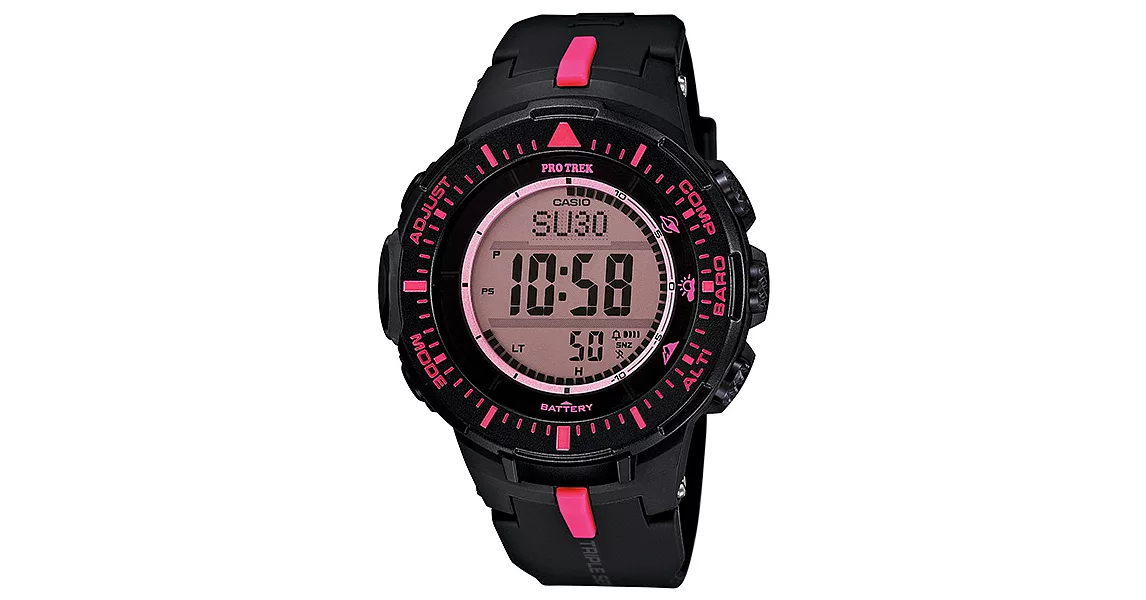 CASIO PRO TREK系列 猛軍戰隊運動登山腕錶-黑X桃紅