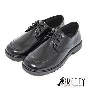 【Pretty】女 學生鞋 皮鞋 標準款 學院風 綁帶 圓頭 低跟 台灣製 JP23 黑色