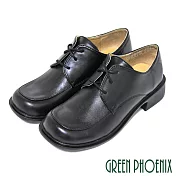 【GREEN PHOENIX】女 學生鞋 綁帶 方頭 全真皮 低跟 台灣製 JP23 黑色