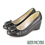 【GREEN PHOENIX】女 楔型鞋 蝴蝶結 全真皮 足弓氣墊 台灣製 JP22.5 黑色