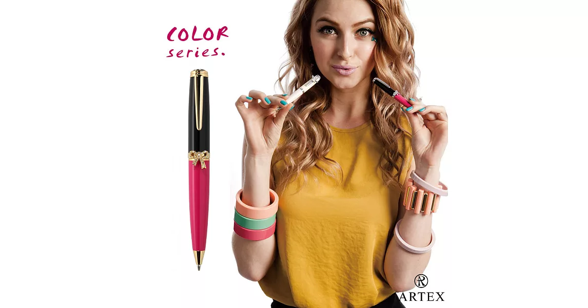 ARTEX COLOR系列金蝴蝶結水鑽原子筆(5款可選)黑上管+桃紅下管